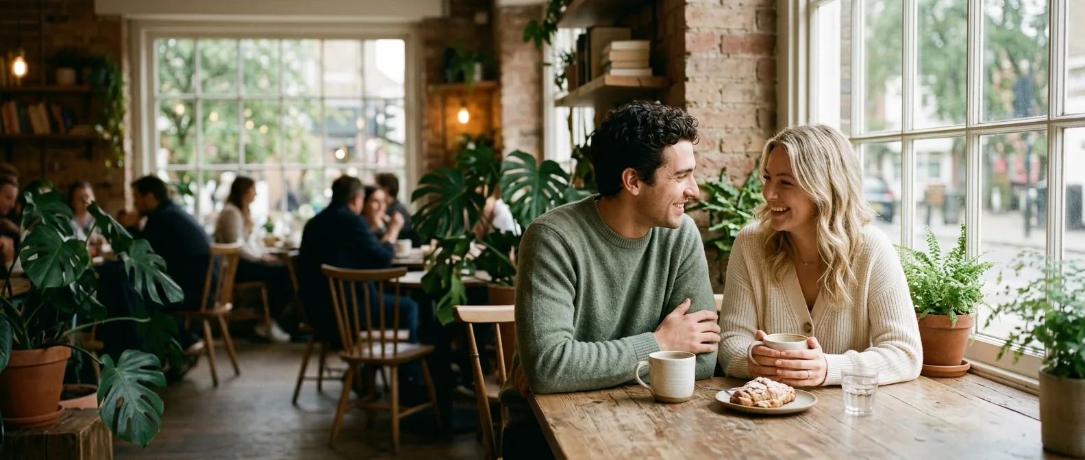 Two people in genuine conversation on a first date - How to talk and really connect