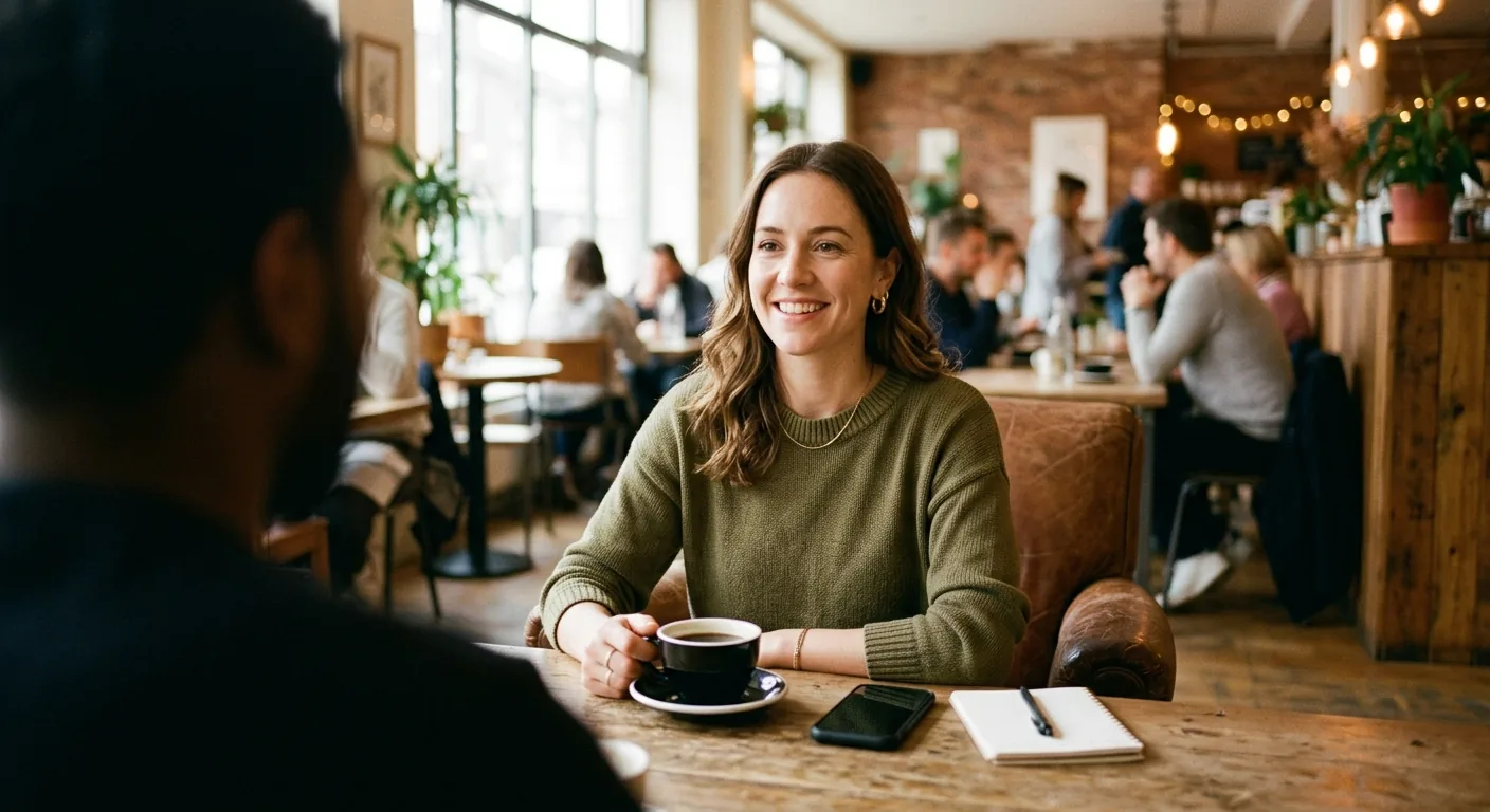 Woman meeting someone from online dating safely in a public cafe - Online dating safety guide