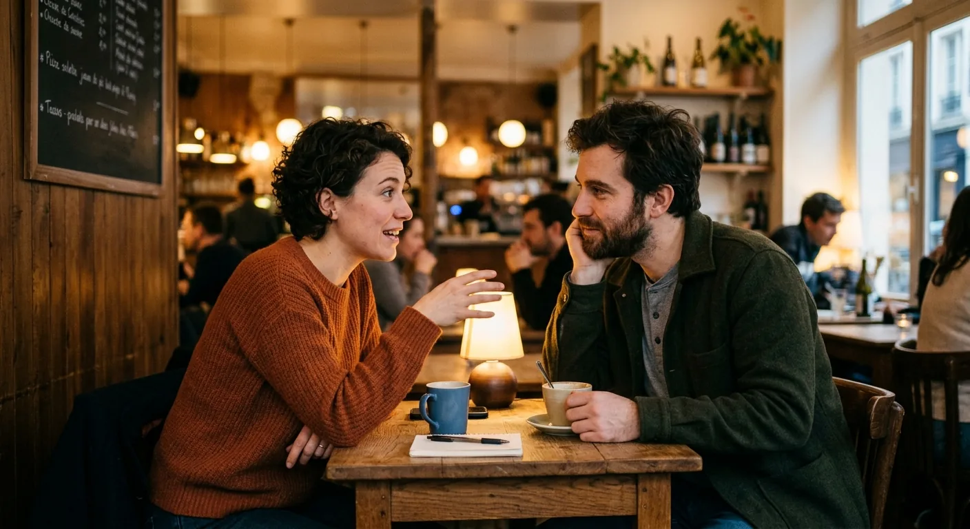 Couple having a genuine conversation at a cafe - dating conversation tools
